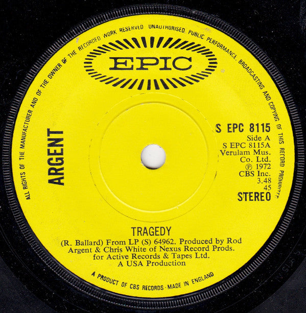 Argent - Tragedy - Used Vinyl Record 7"