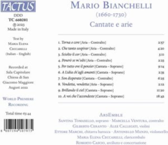 ARSEMBLE/CASCIO - BIANCHELLI - CANTATE E ARIE - CD