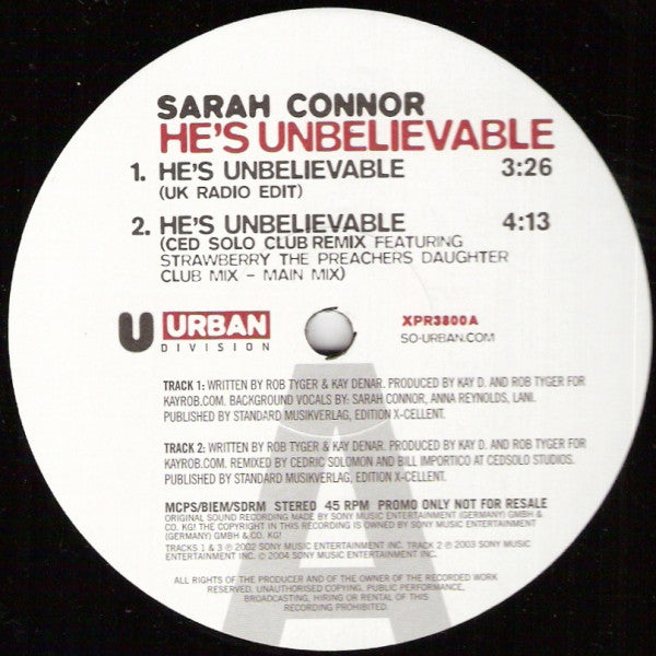 Sarah Connor - He's Unbelievable - Used Vinyl Record 12"