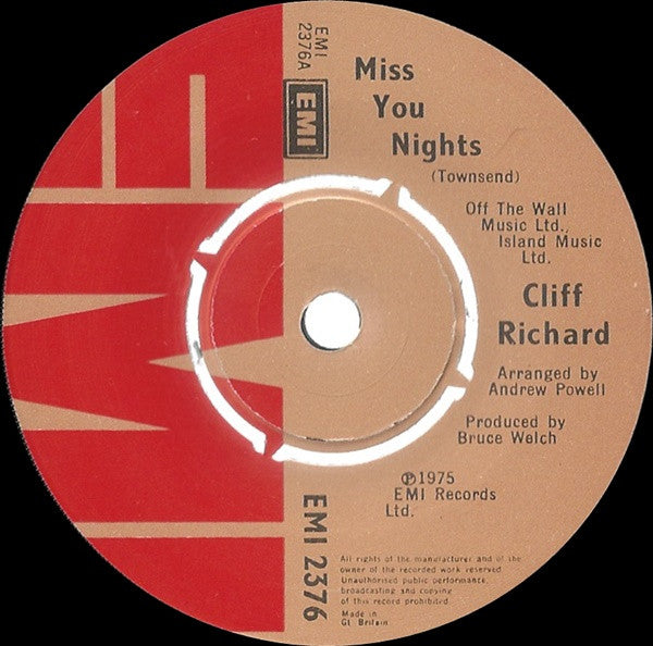Cliff Richard - Miss You Nights - Used Vinyl Record 7"