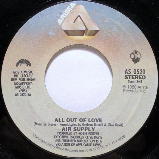 Air Supply - All Out Of Love - Used Vinyl Record 7"