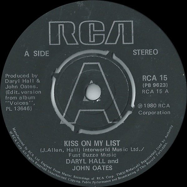 Daryl Hall & John Oa - Kiss On My List - Used Vinyl Record 7"