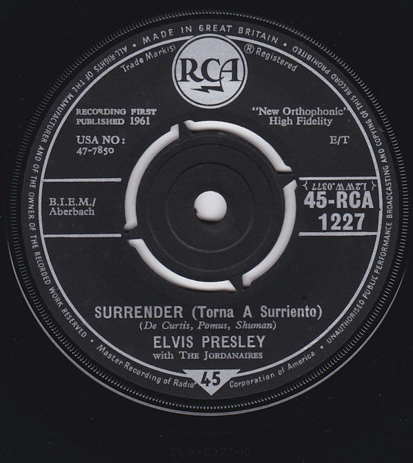 Elvis Presley - Surrender (Torna A Surriento) - Used Vinyl Record 7"