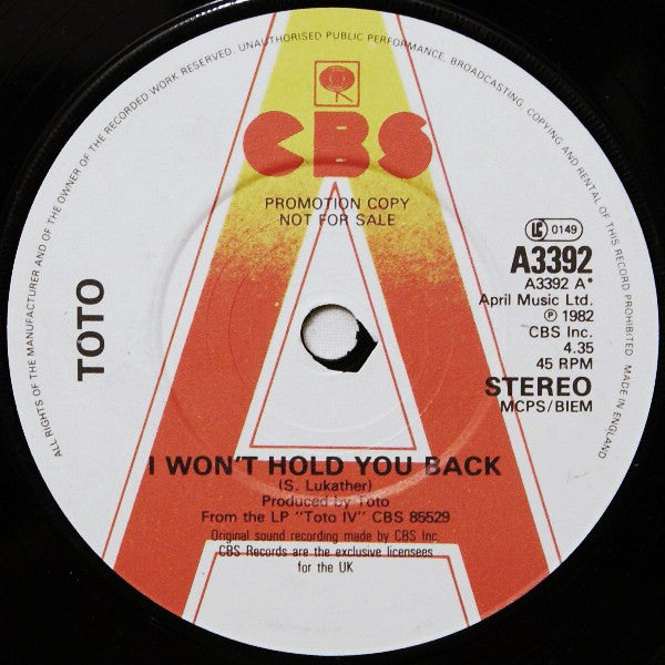 Toto - I Won't Hold You Back - Used Vinyl Record 7"