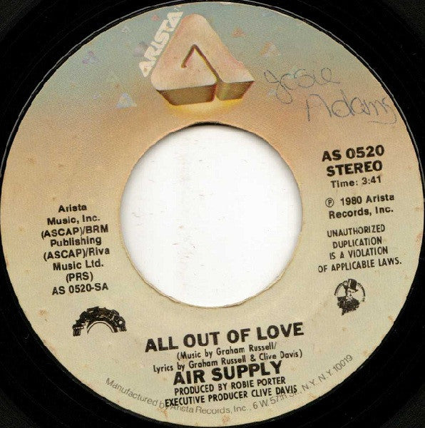 Air Supply - All Out Of Love - Used Vinyl Record 7"