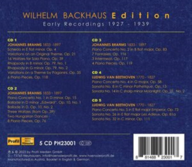 WILHELM BACKHAUS - JOHANNES BRAHMS; LUDWIG VAN BE - CD