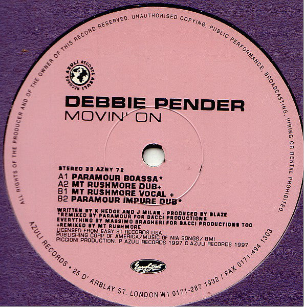 Debbie Pender - Movin' On (Paramour / Mt Rushmore Mixes) - Used Vinyl