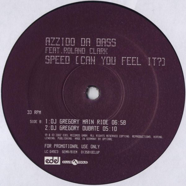 Azzido Da Bass - Speed (Can You Feel It?) - Used Vinyl Recor