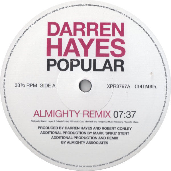 Darren Hayes - Popular - New Vinyl Record 12"