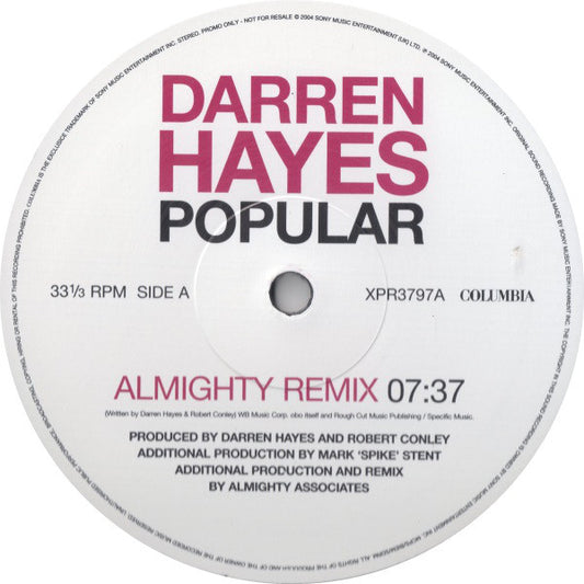 Darren Hayes - Popular - New Vinyl Record 12"
