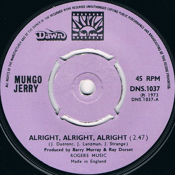 Mungo Jerry - Alright, Alright, Alright - Used Vinyl Record 7"