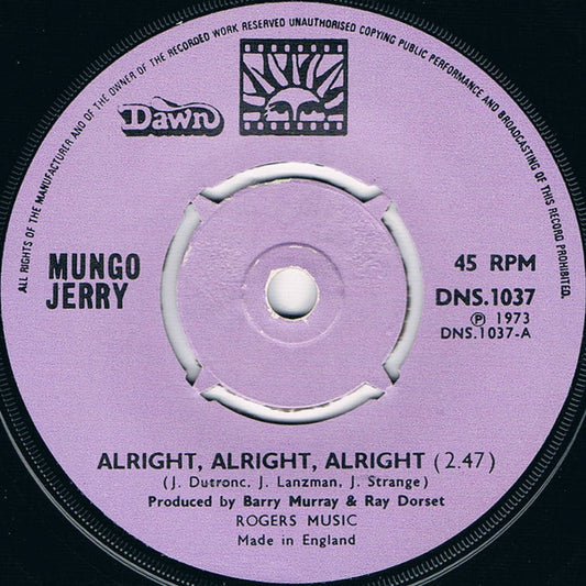 Mungo Jerry - Alright, Alright, Alright - Used Vinyl Record 7"