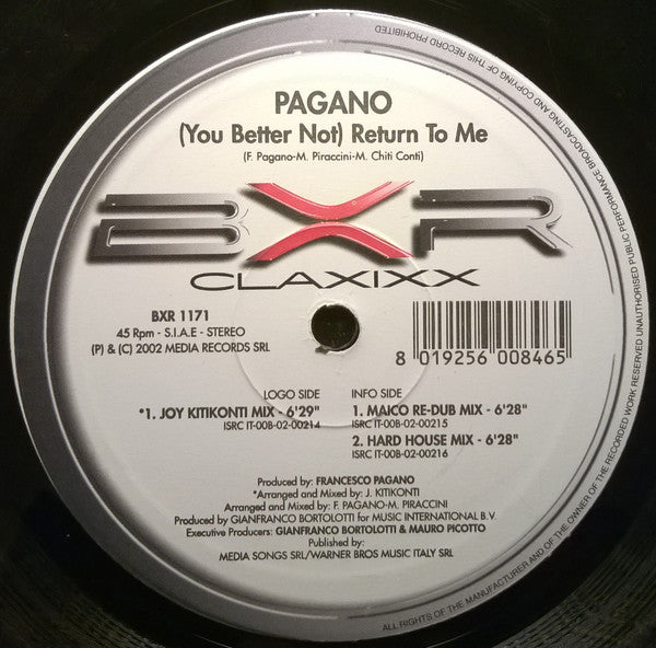 Pagano - (You Better Not) Return To Me - Used Vinyl Record 12"