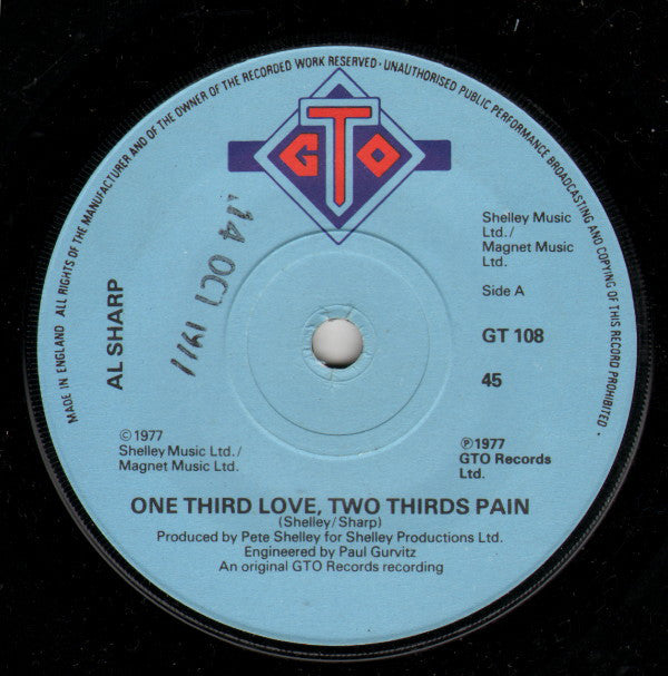 Al Sharp - One Third Love, Two Thirds Pain - Used Vinyl Record 7"