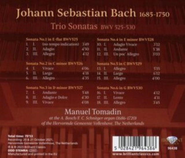 MANUEL TOMADIN - J.S. BACH TRIO SONATAS BWV 52 - CD