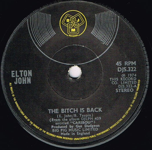 Elton John - Bitch Is Back - Used Vinyl Record 7"