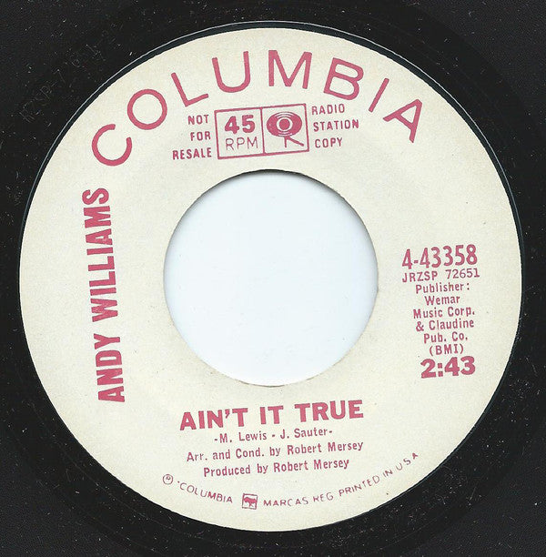 Andy Williams - Ain't It True - Used Vinyl Record 7"