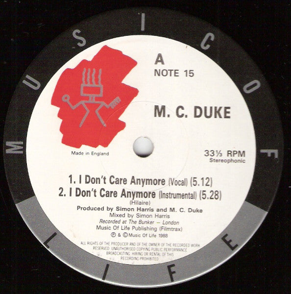 MC Duke - I Don't Care Anymore / Free - Used Vinyl Record 12"