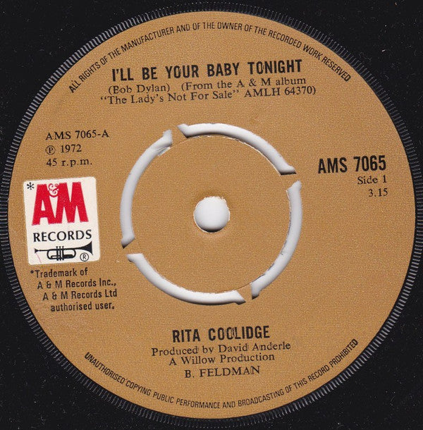 Rita Coolidge - I'll Be Your Baby Tonight - Used Vinyl Record 7"