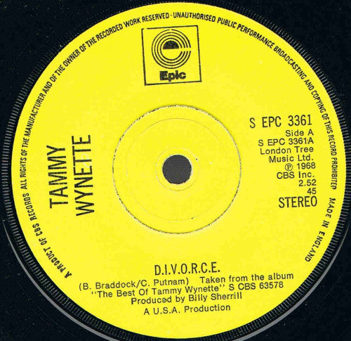 Tammy Wynette - D.I.V.O.R.C.E. - Used Vinyl Record 7"