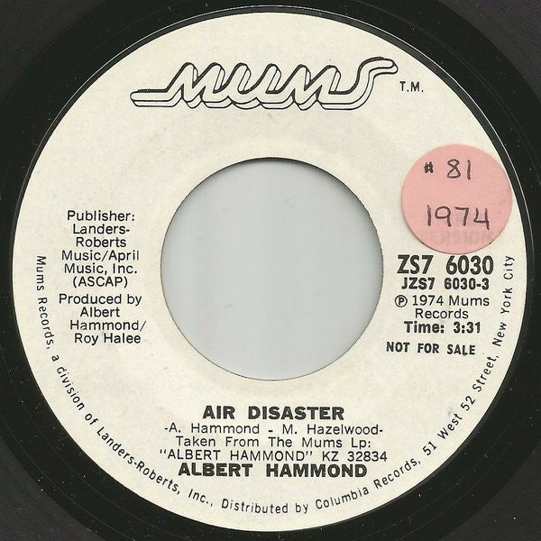 Albert Hammond - Air Disaster - Used Vinyl Record 7"