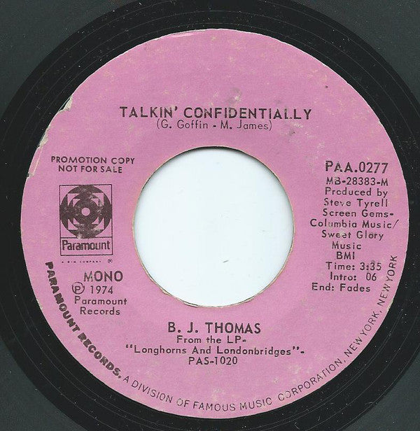 B.J. Thomas - Talkin' Confidentially - Used Vinyl Record 7"