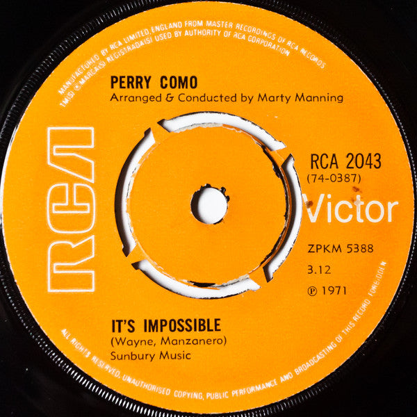 Perry Como - It's Impossible / Long Life, Lots Of Happiness - Used Vi