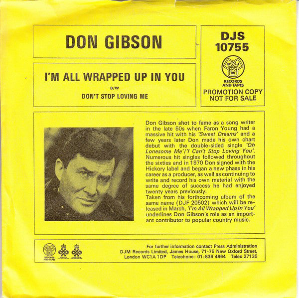 Don Gibson - I'm All Wrapped Up In You - Used Vinyl Record 7"