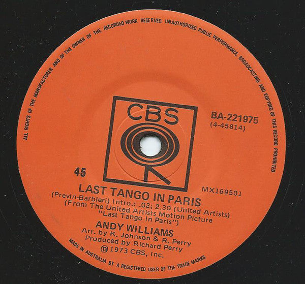 Andy Williams - Last Tango In Paris - Used Vinyl Record 7"