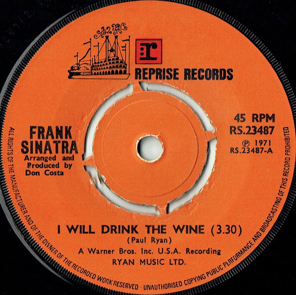 Frank Sinatra - I Will Drink The Wine - Used Vinyl Record 7"
