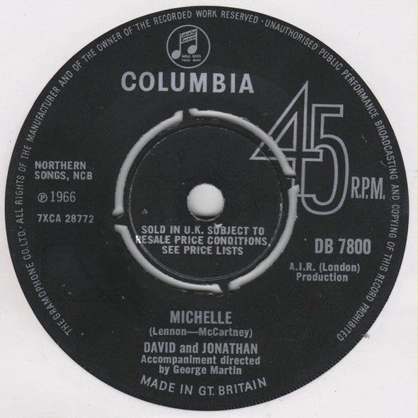 David & Jonathan - Michelle - Used Vinyl Record 7"