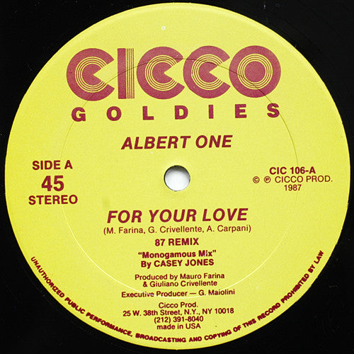 Albert One - For Your Love (87 Remix) - Used Vinyl Record 12"