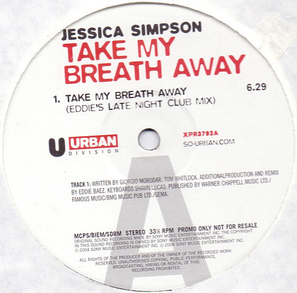 Jessica Simpson - Take My Breath Away - Used Vinyl Record 12"