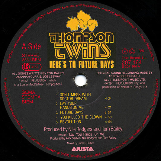 Thompson Twins - Here's To Future Days - Used Vinyl Record