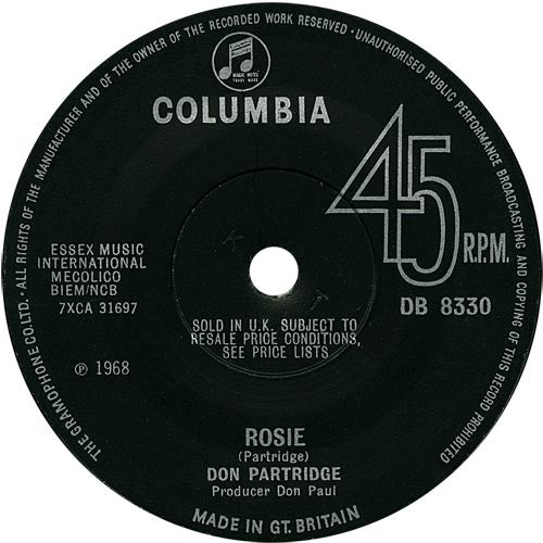 Don Partridge - Rosie - Used Vinyl Record 7"