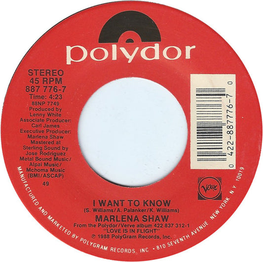 Marlena Shaw - I Want To Know - Used Vinyl Record 7"