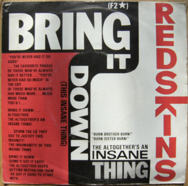 Redskins - Bring It Down (This Insane Thing) - Used Vinyl Record 7"