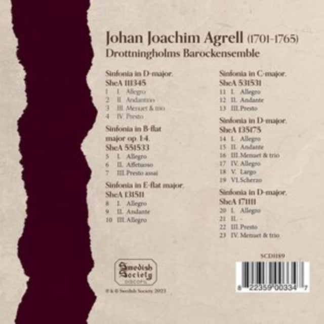 DROTTNINGHOLMS BAROC - JOHAN JOACHIM AGRELL 6 WORKS - CD