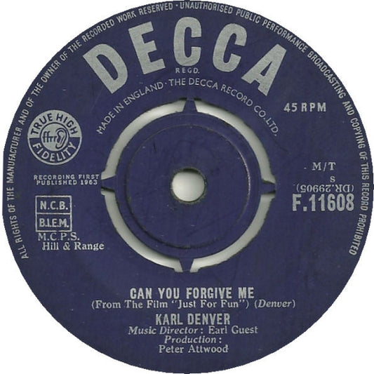 Karl Denver - Can You Forgive Me - Used Vinyl Record 7"