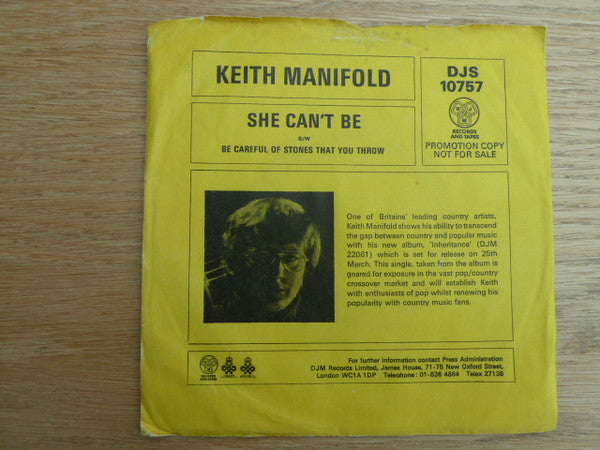 Keith Manifold - she can't be - Used Vinyl Record 7"
