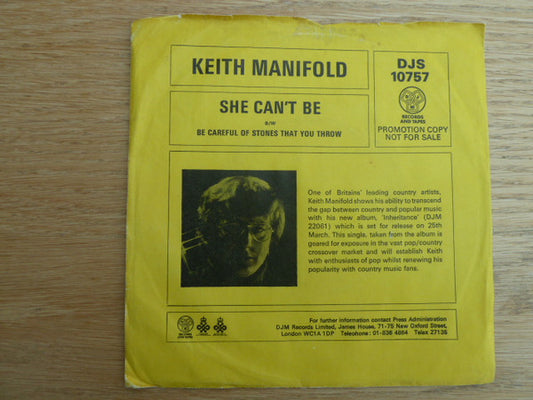Keith Manifold - she can't be - Used Vinyl Record 7"