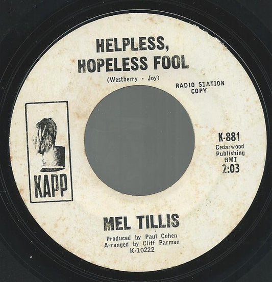 Mel Tillis - Helpless, Hopeless Fool - Used Vinyl Record 7"